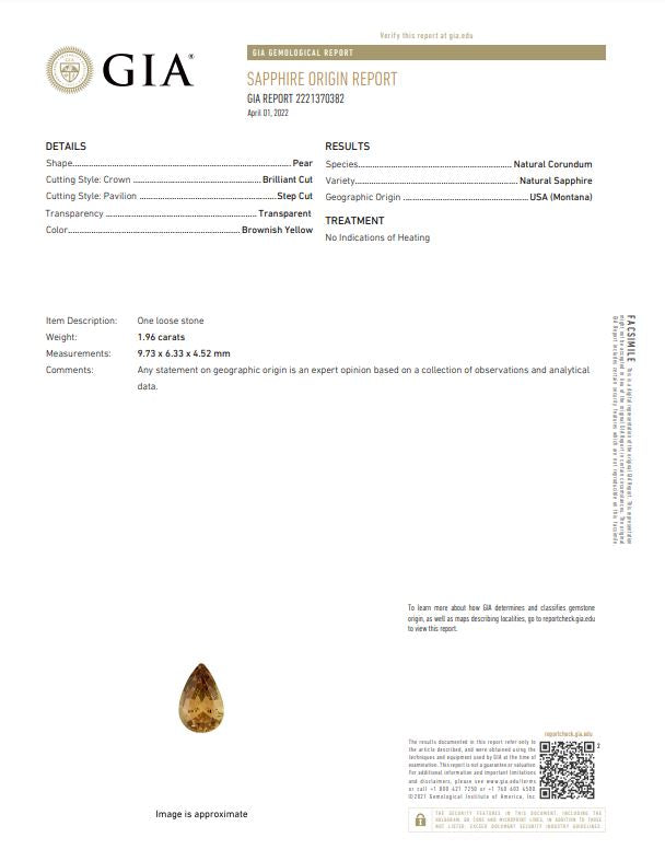 1.96ct | Brilliant Cut Pear Shape Yellow Brown Montana Sapphire (GIA)-Modern Rustic Diamond